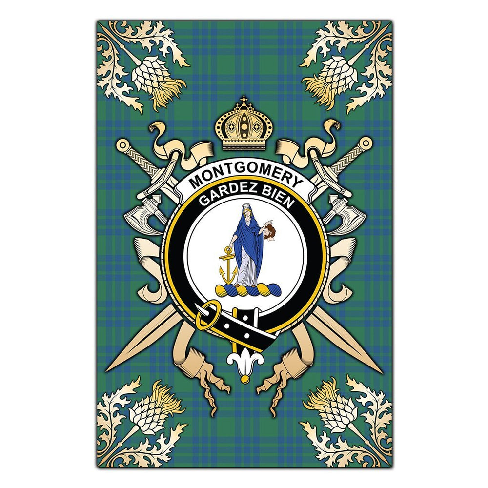 Clan Montgomery Ancient Tartan Crest Black Garden Flag  - Gold Thistle  BD31 Clan Montgomery Tartan Today   