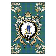 Clan Montgomery Ancient Tartan Crest Black Garden Flag  - Gold Thistle  BD31 Clan Montgomery Tartan Today   