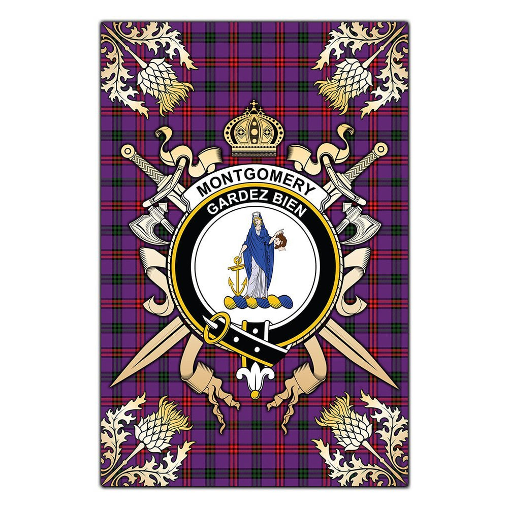Clan Montgomery Modern Tartan Crest Black Garden Flag  - Gold Thistle  XV56 Clan Montgomery Tartan Today   