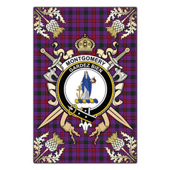 Clan Montgomery Modern Tartan Crest Black Garden Flag  - Gold Thistle  XV56 Clan Montgomery Tartan Today   