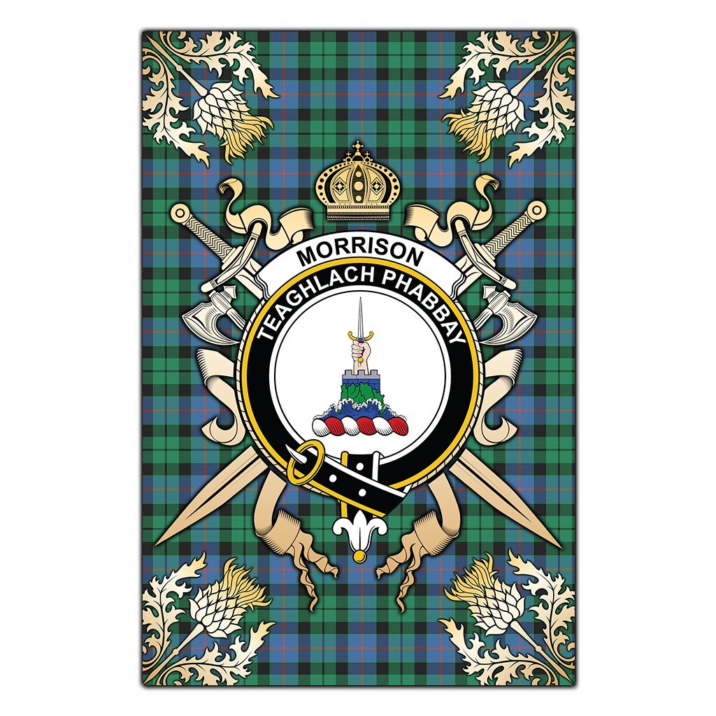 Clan Morrison Ancient Tartan Crest Black Garden Flag  - Gold Thistle  LO45 Clan Morrison Tartan Today   