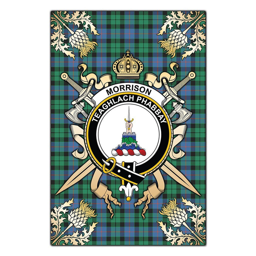 Clan Morrison Ancient Tartan Crest Black Garden Flag  - Gold Thistle  LO45 Clan Morrison Tartan Today   