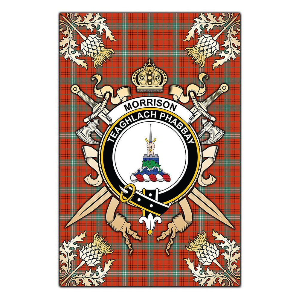 Clan Morrison Red Ancient Tartan Crest Black Garden Flag  - Gold Thistle  HE92 Clan Morrison Tartan Today   