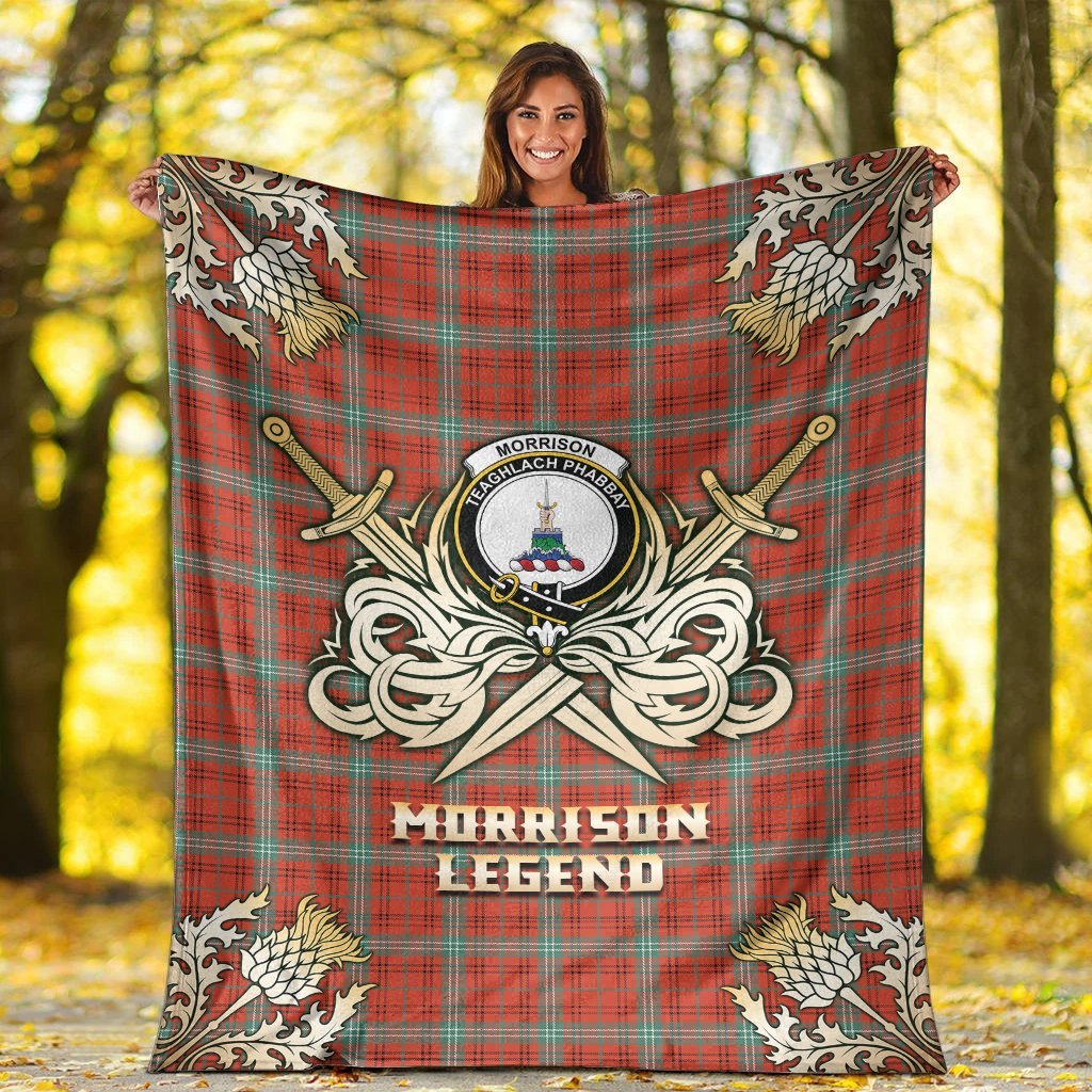 Clan Morrison Red Ancient Tartan Gold Courage Symbol Blanket AI46 Clan Morrison Tartan Today   