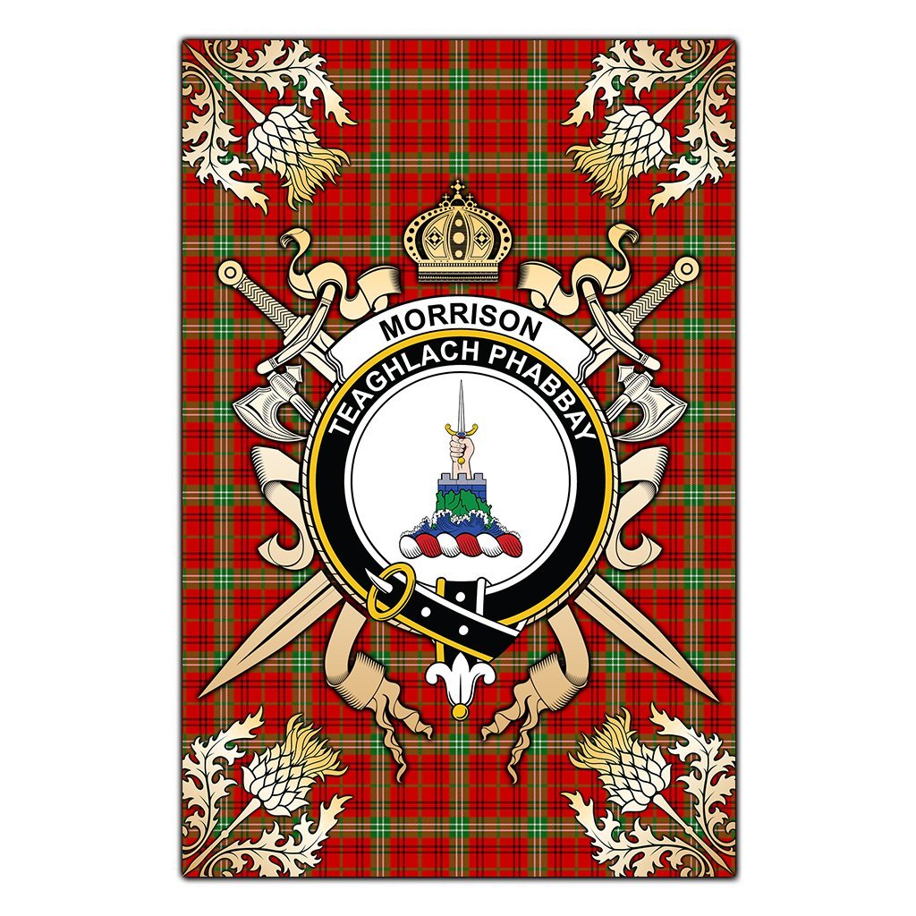 Clan Morrison Red Modern Tartan Crest Black Garden Flag  - Gold Thistle  YM21 Clan Morrison Tartan Today   