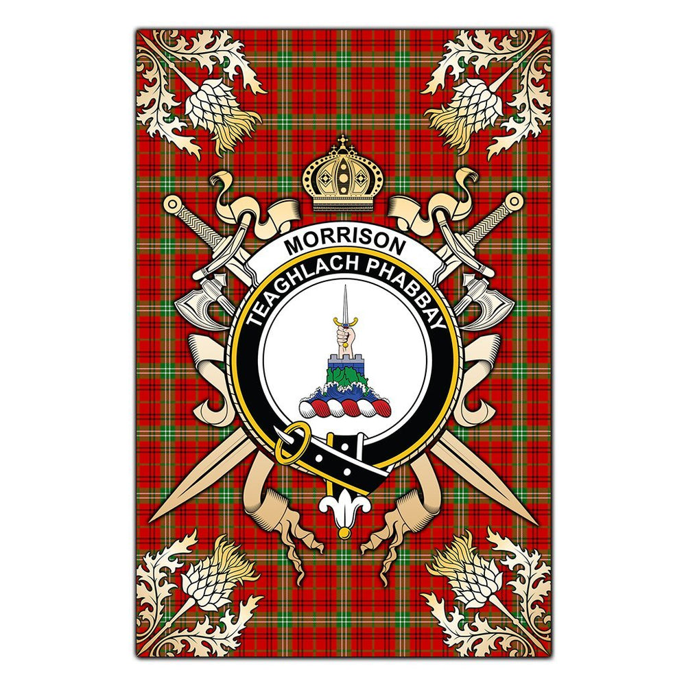 Clan Morrison Red Modern Tartan Crest Black Garden Flag  - Gold Thistle  YM21 Clan Morrison Tartan Today   