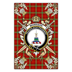 Clan Morrison Red Modern Tartan Crest Black Garden Flag  - Gold Thistle  YM21 Clan Morrison Tartan Today   