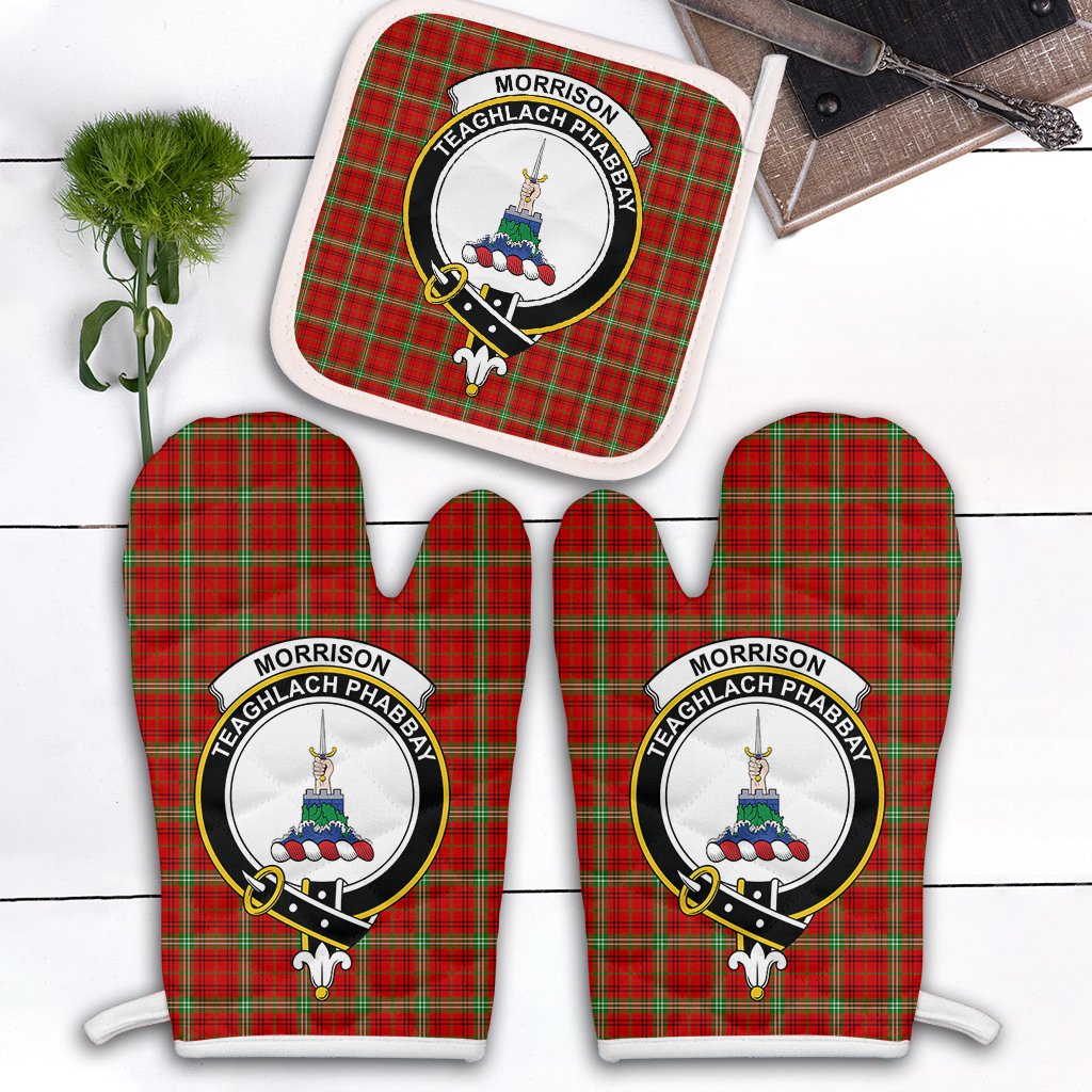 Clan Morrison Red Modern Tartan Crest Oven Mitt And Pot Holder (2 Oven Mitts + 1 Pot Holder) JE81 Clan Morrison Tartan Today   