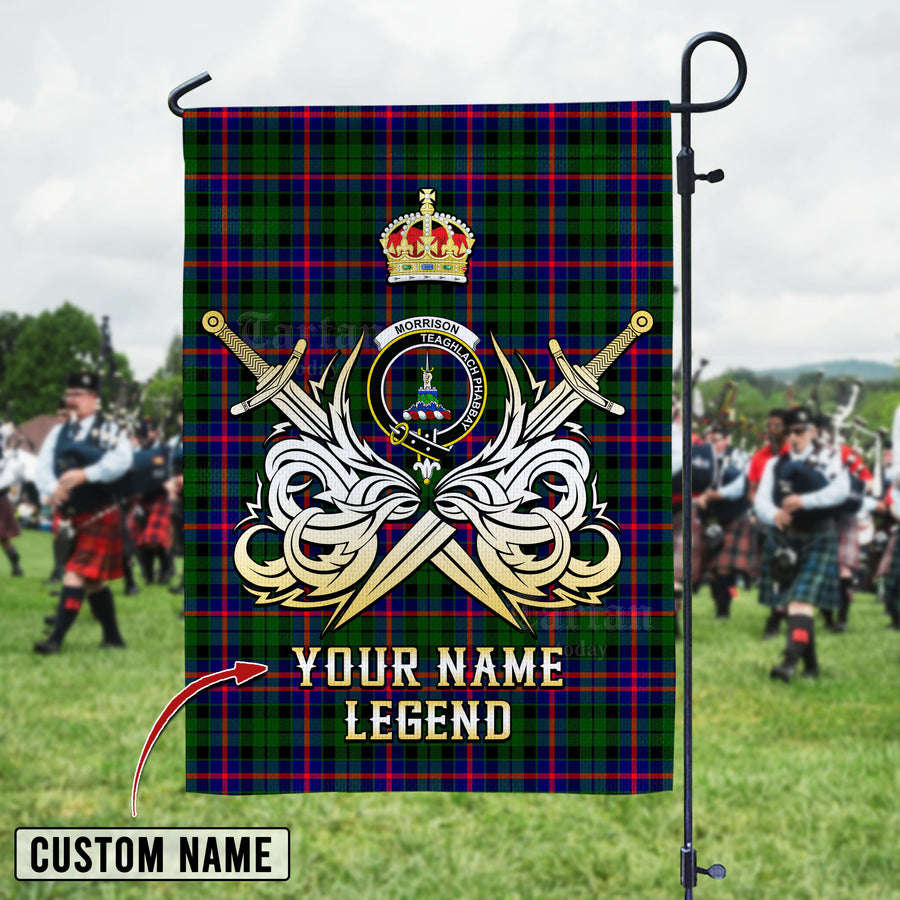 Personalized Custom Name Clan Morrison Modern Tartan Garden Flag with Clan Crest and the Golden Sword of Courageous Legacy WI58 - Morrison Modern Tartan Design, Scottish Heritage Gift