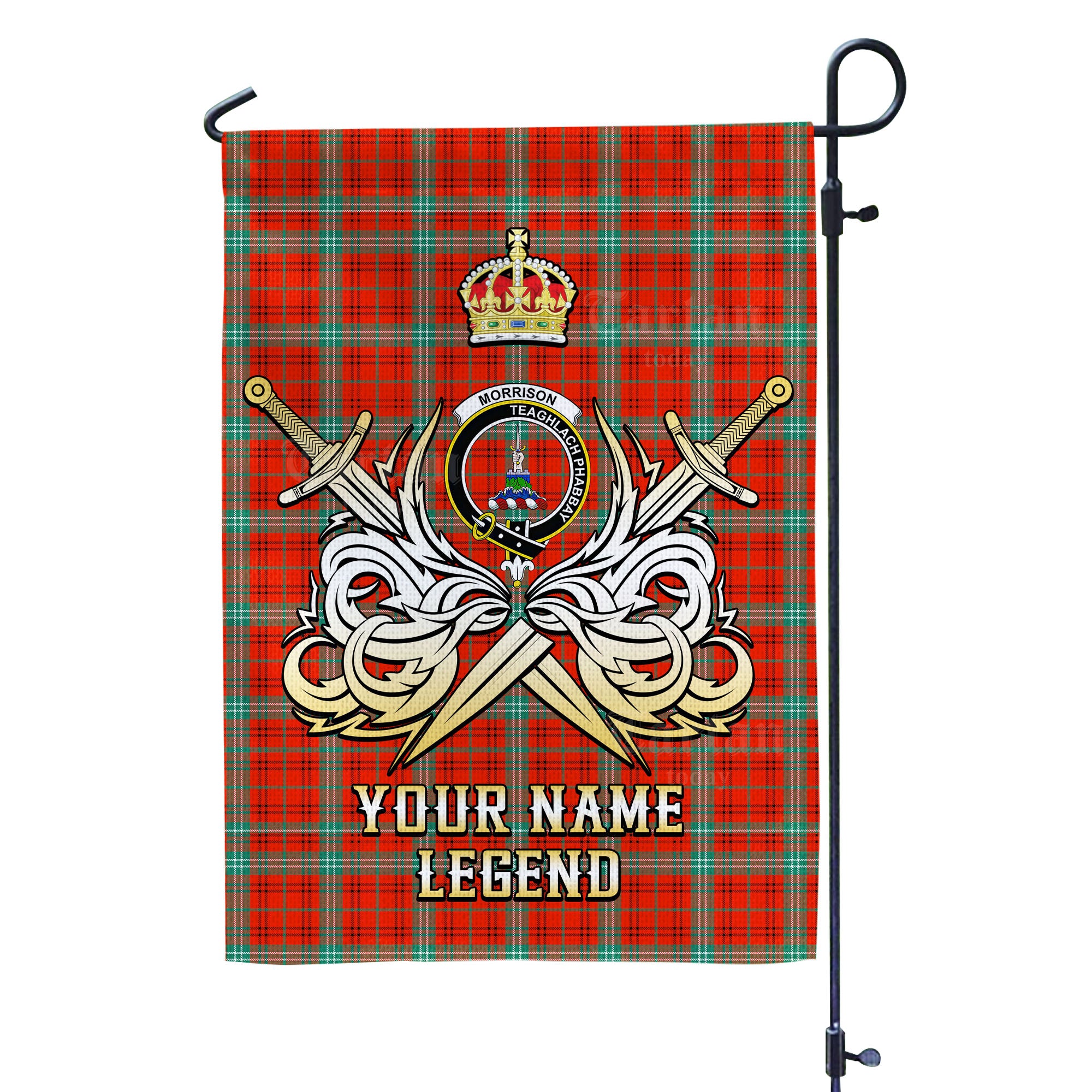 Custom Name Clan Morrison Red Ancient Tartan Garden Flag with Clan Crest and the Golden Sword of Courageous Legacy FD37