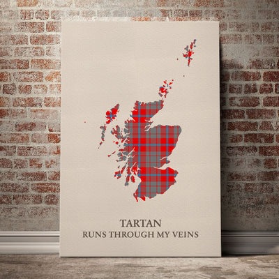 Clan Moubray Tartan Scotland Map Canvas “Tartan Runs Through My Veins” Wall Art HS47