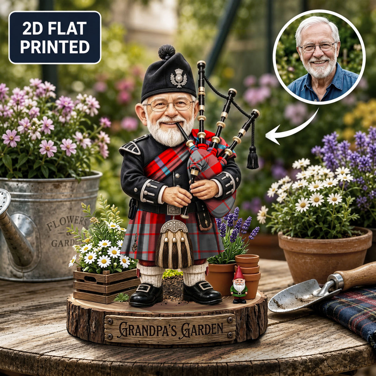 Personalized Moubray Clan Bagpipe Garden Gnome Caricature Plaque Custom Photo, Any Clan Tartan, Wood or Acrylic, Grandpa & Dad Gift, Scottish Highland Garden Decor PY76