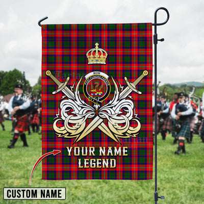 Custom Name Clan Mow (Roxburgh) Tartan Garden Flag with Clan Crest and the Golden Sword of Courageous Legacy