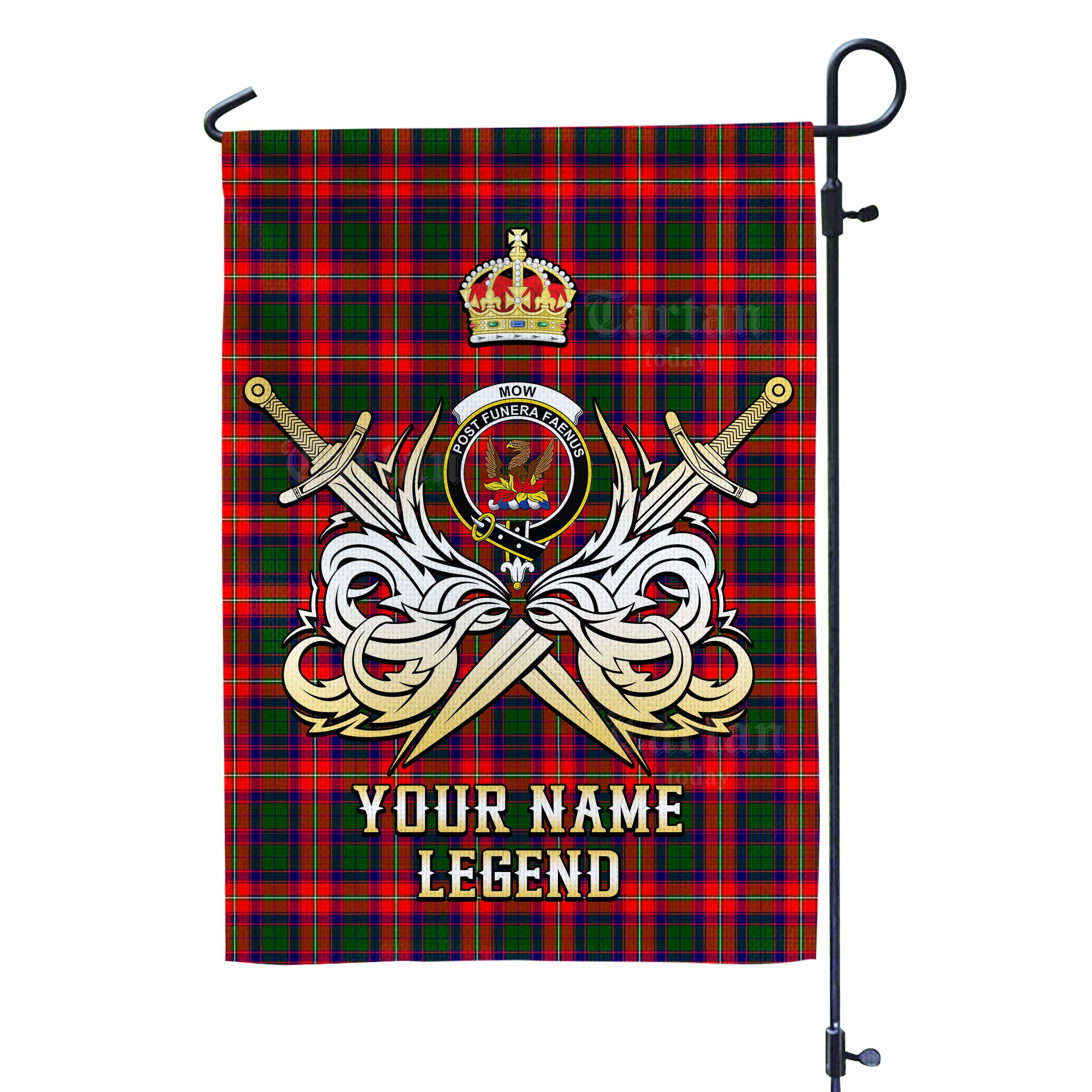 Custom Name Clan Mow (Roxburgh) Tartan Garden Flag with Clan Crest and the Golden Sword of Courageous Legacy RK81