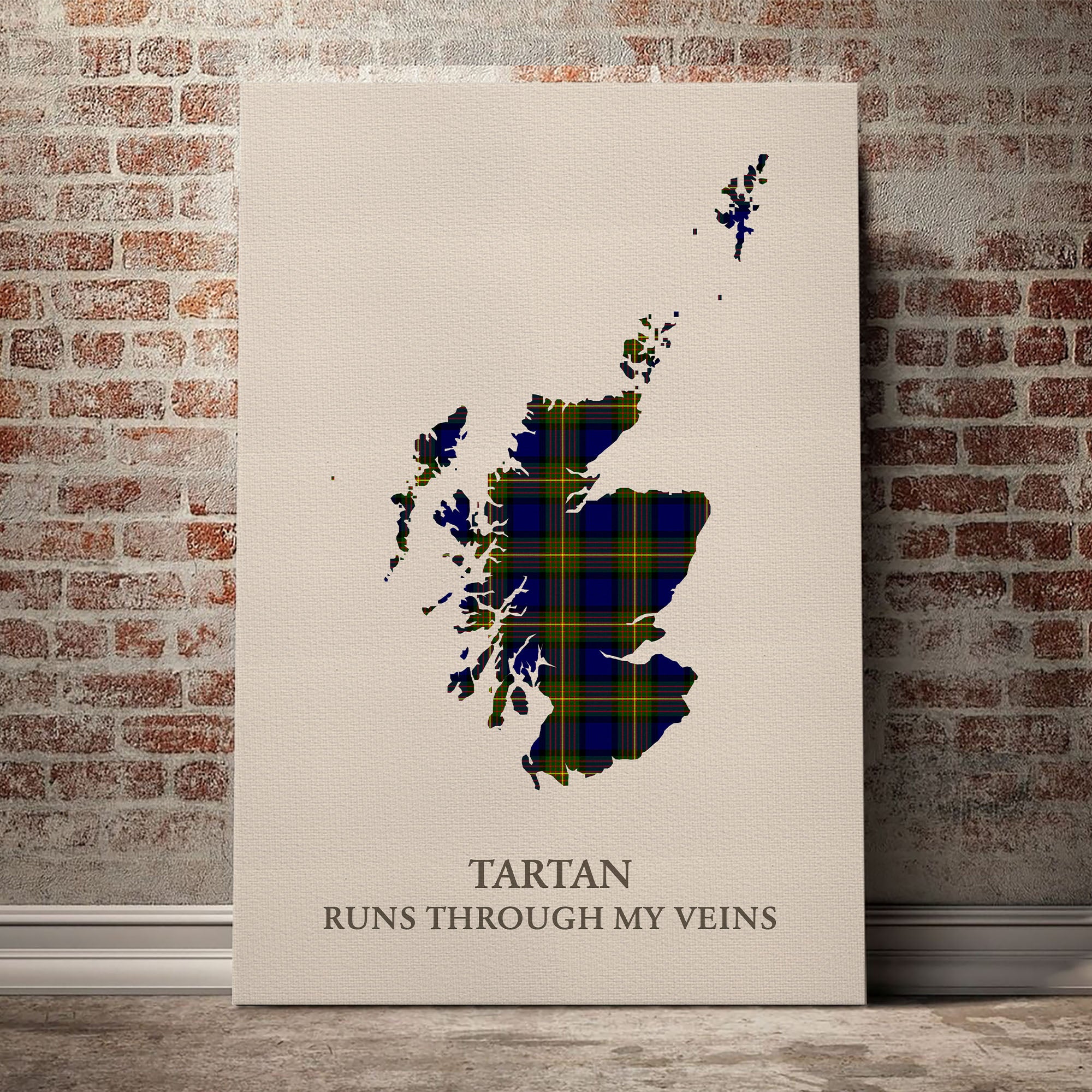 Muir Tartan Scotland Map Canvas – “Tartan Runs Through My Veins” Wall Art