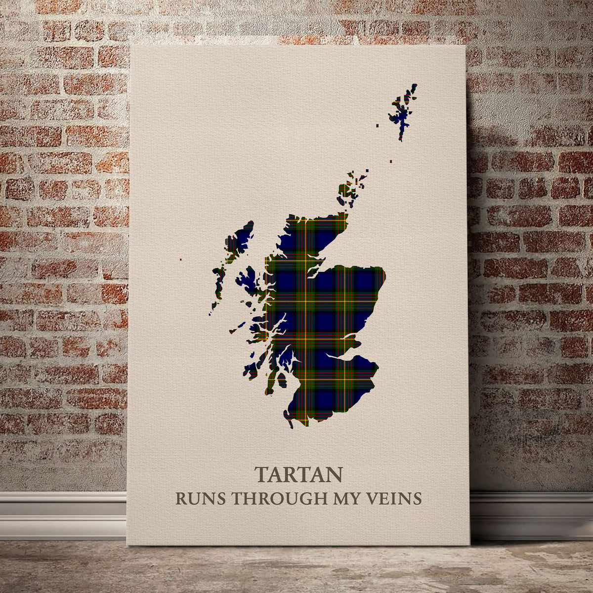 Muir Tartan Scotland Map Canvas – “Tartan Runs Through My Veins” Wall Art
