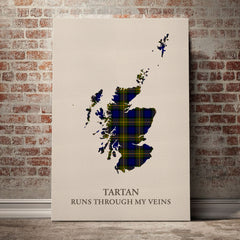 Muir Tartan Scotland Map Canvas – “Tartan Runs Through My Veins” Wall Art