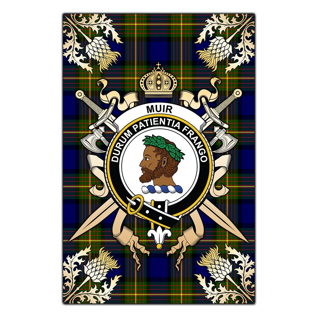 Clan Muir Tartan Crest Black Garden Flag  - Gold Thistle  RW79 Clan Muir_More Tartan Today   