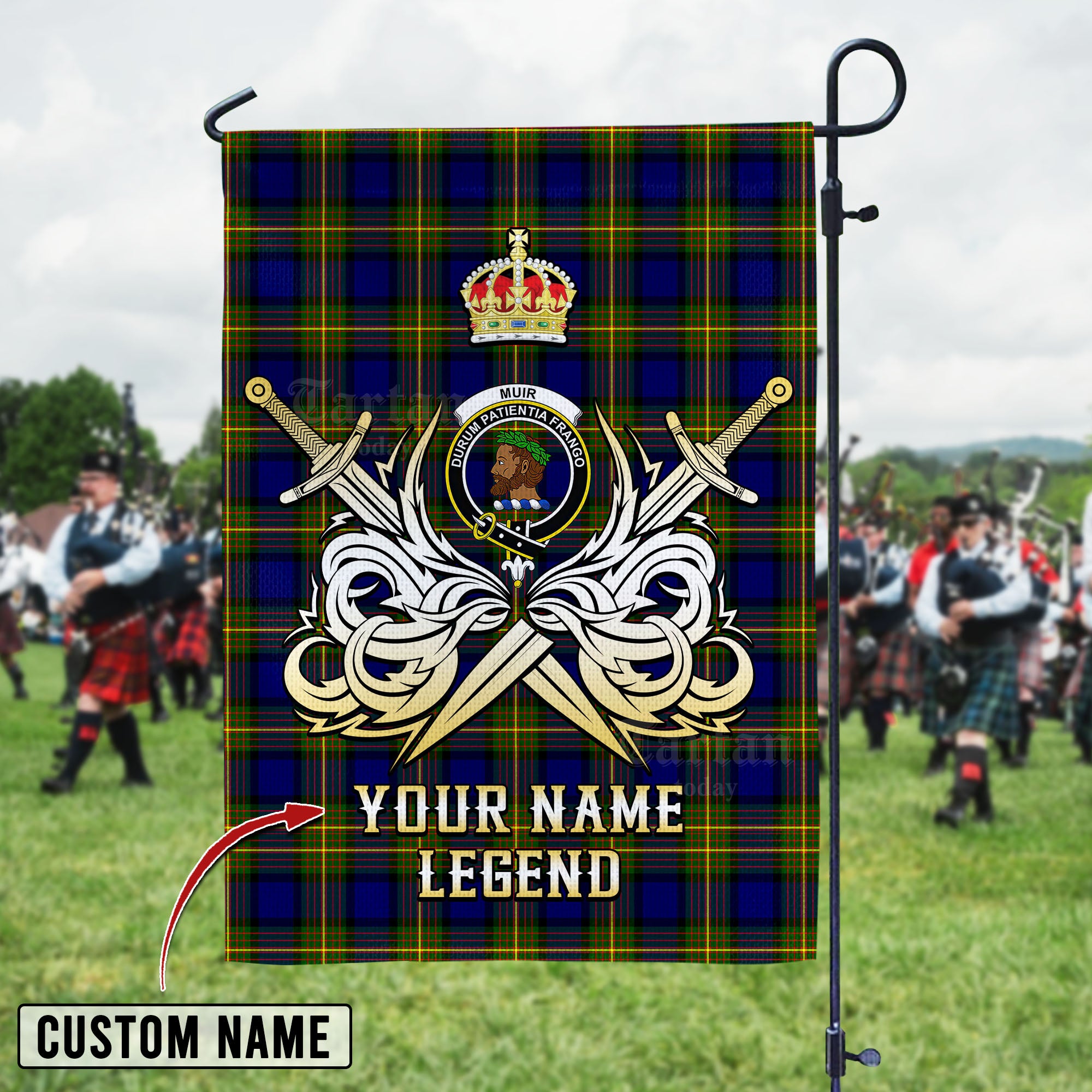 Personalized Custom Name Clan Muir Tartan Garden Flag with Clan Crest and the Golden Sword of Courageous Legacy AR41 - Muir Tartan Design, Scottish Heritage Gift