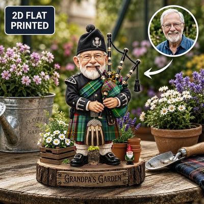 Personalized Muirhead Clan Bagpipe Garden Gnome Caricature Plaque Custom Photo, Any Clan Tartan, Wood or Acrylic, Grandpa & Dad Gift, Scottish Highland Garden Decor QU33