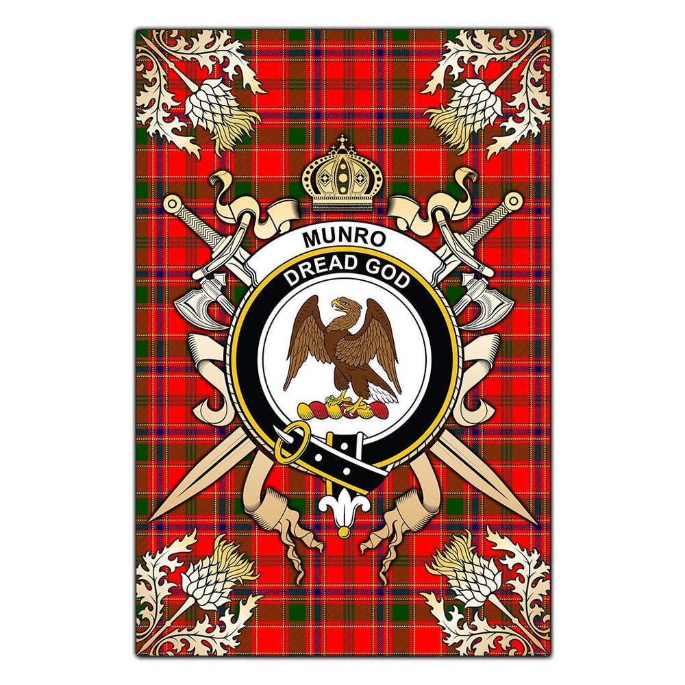 Clan Munro Modern Tartan Crest Black Garden Flag  - Gold Thistle  OJ78 Clan Munro Tartan Today   