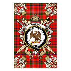 Clan Munro Modern Tartan Crest Black Garden Flag  - Gold Thistle  OJ78 Clan Munro Tartan Today   