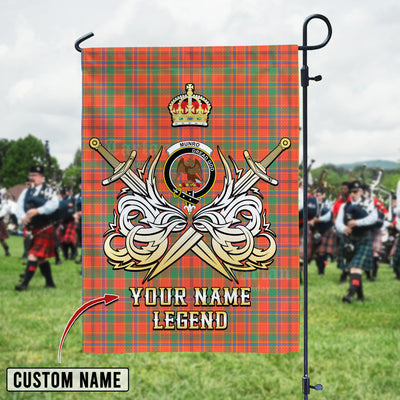 Custom Name Clan Munro Ancient Tartan Garden Flag with Clan Crest and the Golden Sword of Courageous Legacy