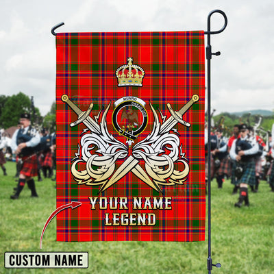 Custom Name Clan Munro Modern Tartan Garden Flag with Clan Crest and the Golden Sword of Courageous Legacy