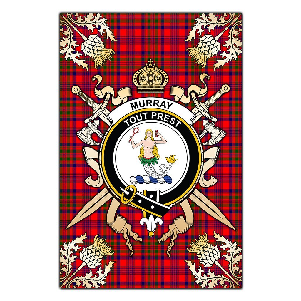 Clan Murray of Tulloch Modern Tartan Crest Black Garden Flag  - Gold Thistle  VY50 Clan Murray Tartan Today   