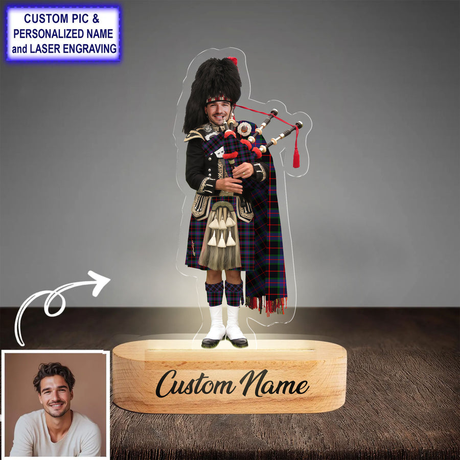Custom Bagpipe Nairn Tartan LED Night Light - Personalized Scottish Bagpiper Figurine with Wooden Stand