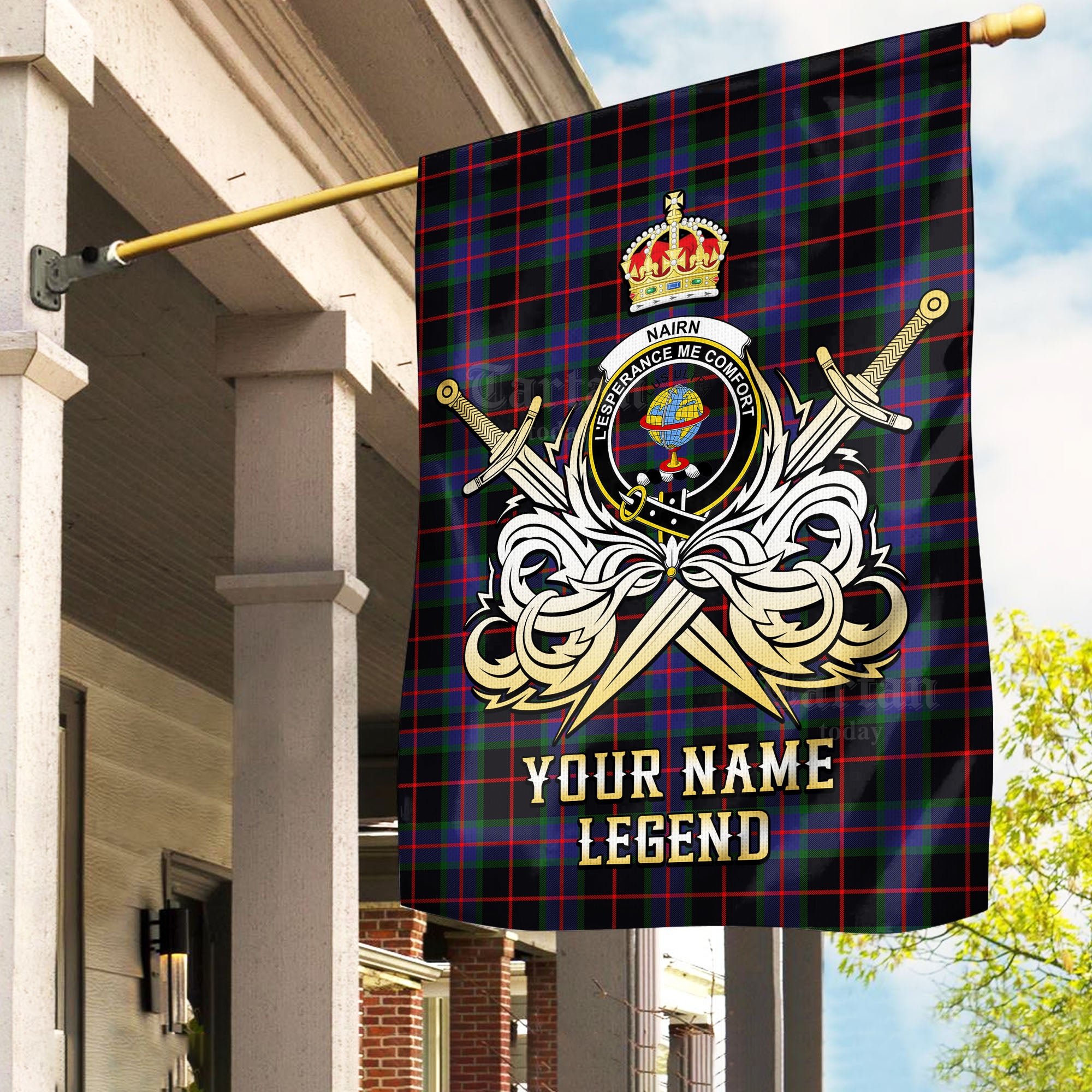 Custom Name Clan Nairn Tartan Garden Flag with Clan Crest and the Golden Sword of Courageous Legacy WD79
