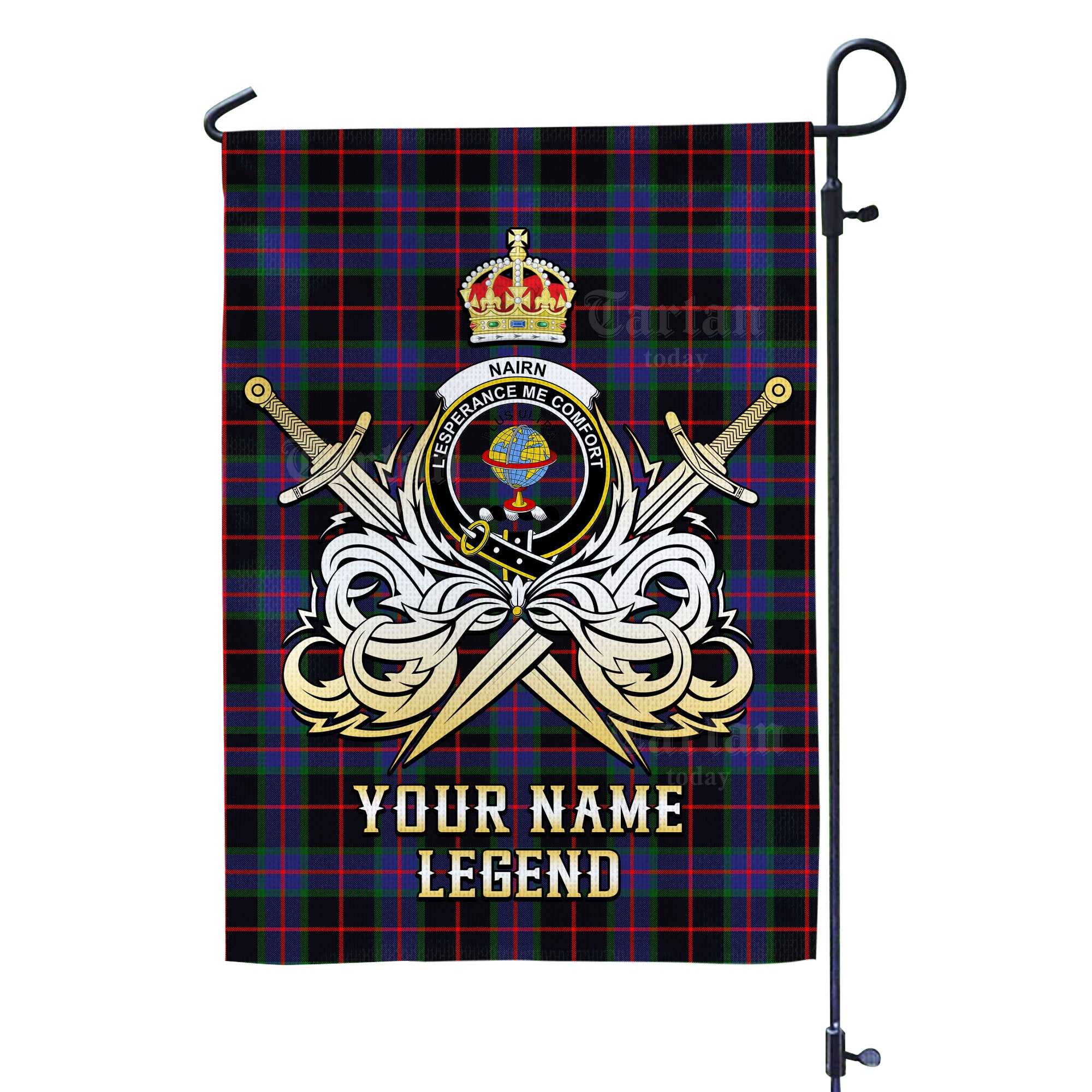 Custom Name Clan Nairn Tartan Garden Flag with Clan Crest and the Golden Sword of Courageous Legacy WD79