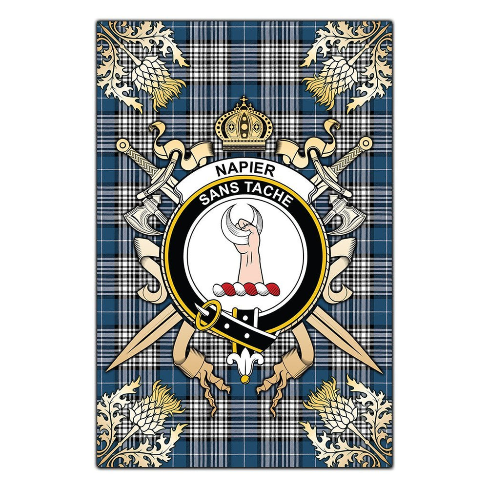 Clan Napier Modern Tartan Crest Black Garden Flag  - Gold Thistle  OL18 Clan Napier Tartan Today   