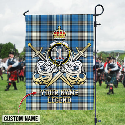 Custom Name Clan Napier Ancient Tartan Garden Flag with Clan Crest and the Golden Sword of Courageous Legacy