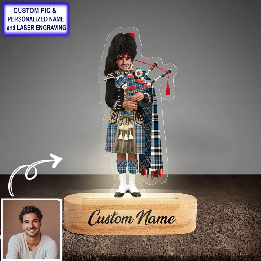 Custom Bagpipe Napier Modern Tartan LED Night Light - Personalized Scottish Bagpiper Figurine with Wooden Stand