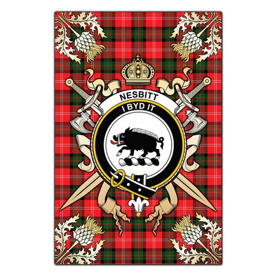 Clan Nesbitt Modern Tartan Crest Black Garden Flag - Gold Thistle
