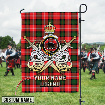 Custom Name Clan Nesbitt Modern Tartan Garden Flag with Clan Crest and the Golden Sword of Courageous Legacy