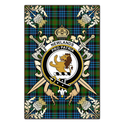 Clan Newlands of Lauriston Tartan Crest Black Garden Flag - Gold Thistle RT51