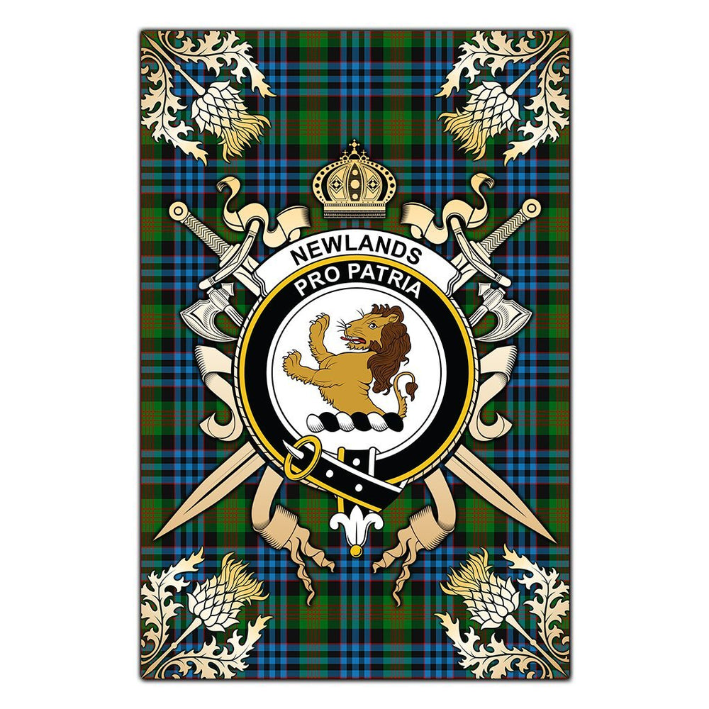 Clan Newlands of Lauriston Tartan Crest Black Garden Flag  - Gold Thistle  RT51 Clan Newlands Tartan Today   