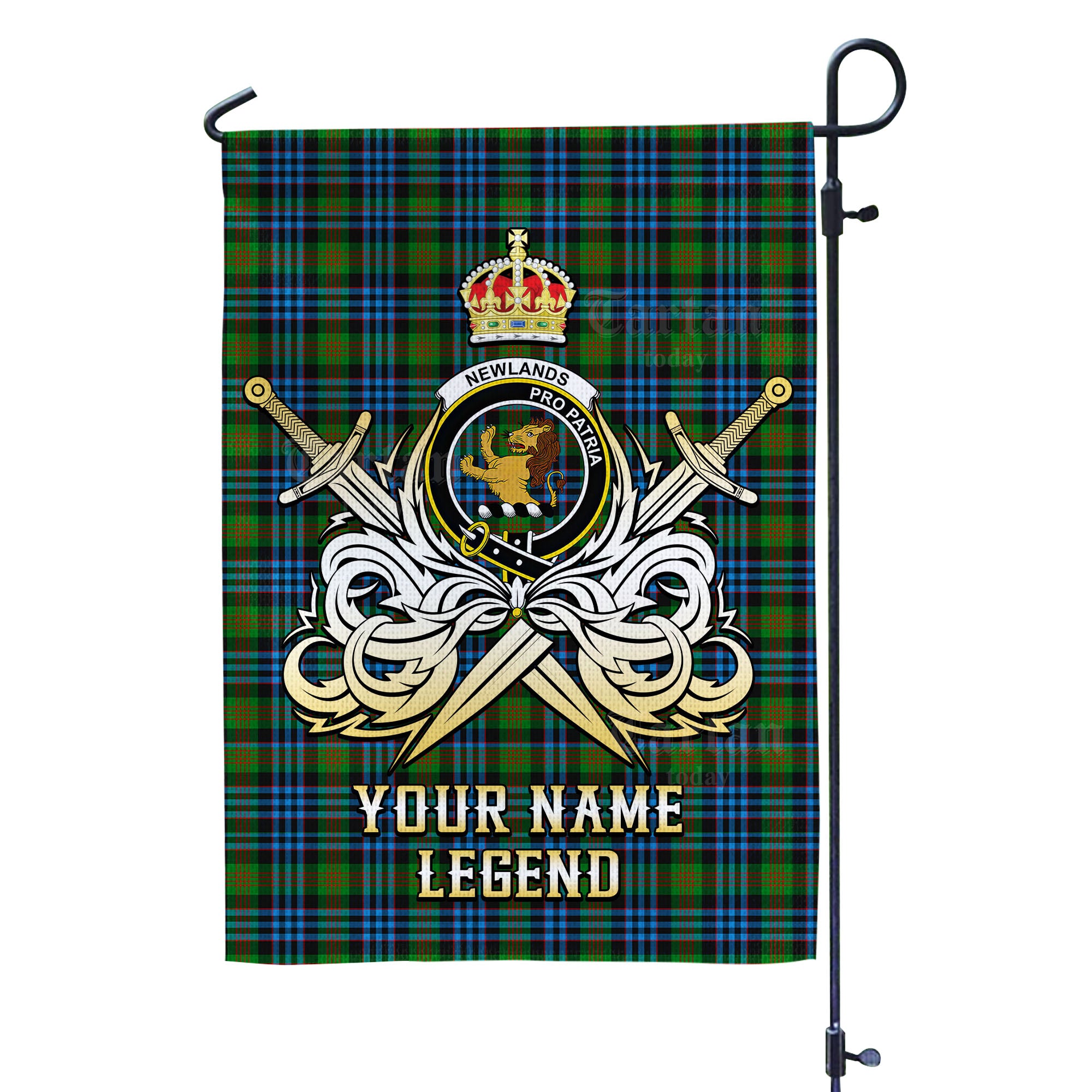 Custom Name Clan Newlands Tartan Garden Flag with Clan Crest and the Golden Sword of Courageous Legacy NG49