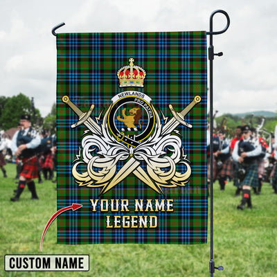 Custom Name Clan Newlands Tartan Garden Flag with Clan Crest and the Golden Sword of Courageous Legacy NG49