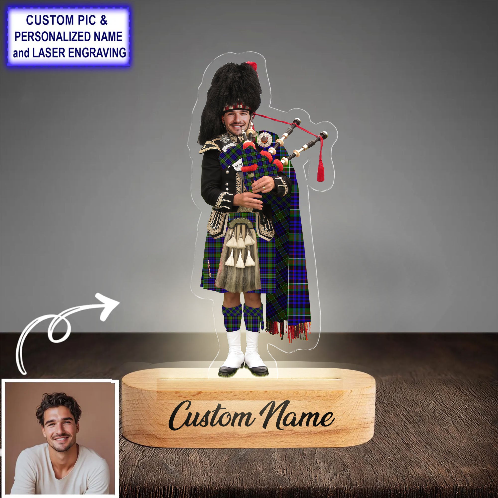 Custom Bagpipe Newman Tartan LED Night Light - Personalized Scottish Bagpiper Figurine with Wooden Stand