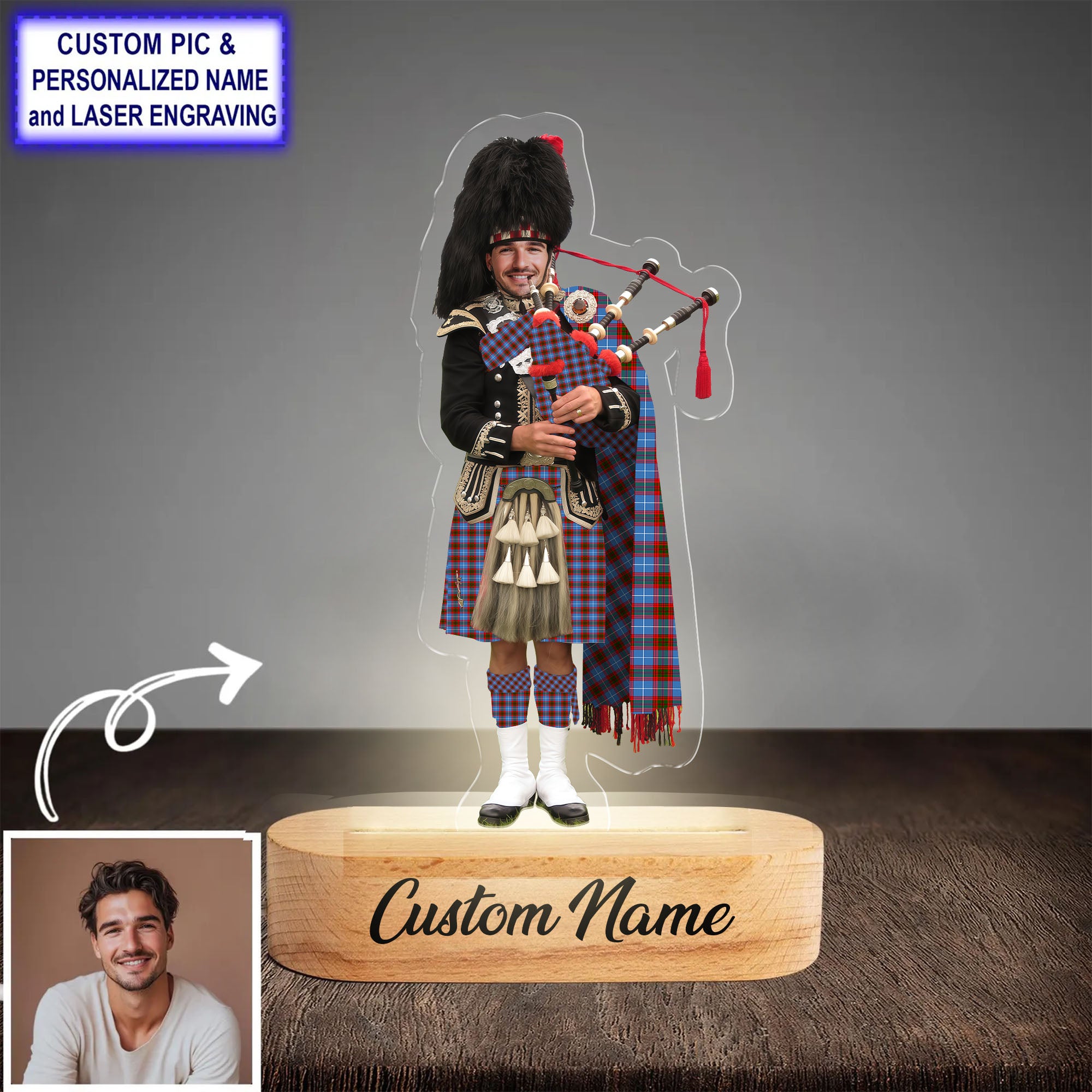 Custom Bagpipe Newton (Edingburg) Tartan LED Night Light - Personalized Scottish Bagpiper Figurine with Wooden Stand
