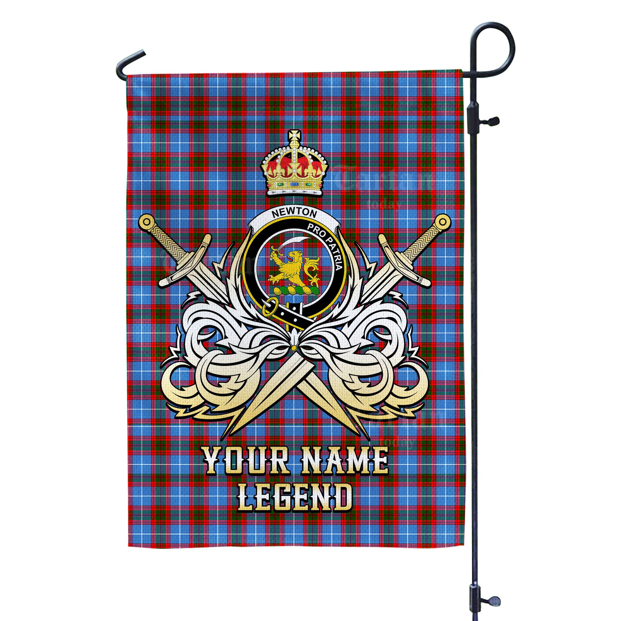 Custom Name Clan Newton (Edingburg) Tartan Garden Flag with Clan Crest and the Golden Sword of Courageous Legacy GK80