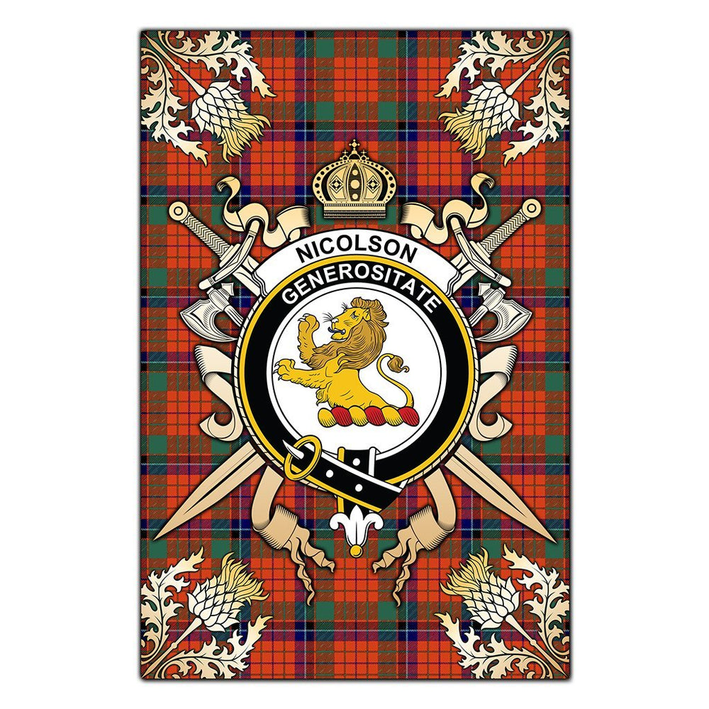 Clan Nicolson Ancient Tartan Crest Black Garden Flag  - Gold Thistle  MF71 Clan Nicolson Tartan Today   