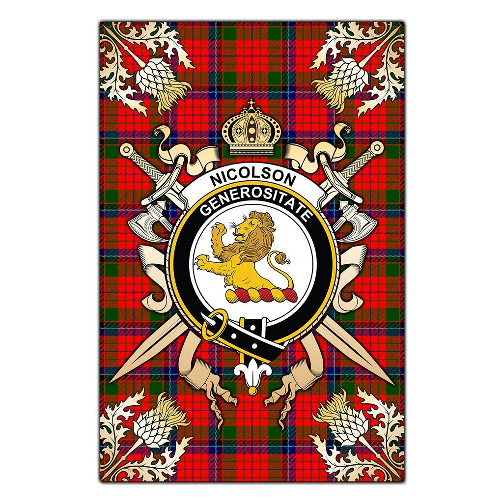 Clan Nicolson Modern Tartan Crest Black Garden Flag  - Gold Thistle  EC89 Clan Nicolson Tartan Today   