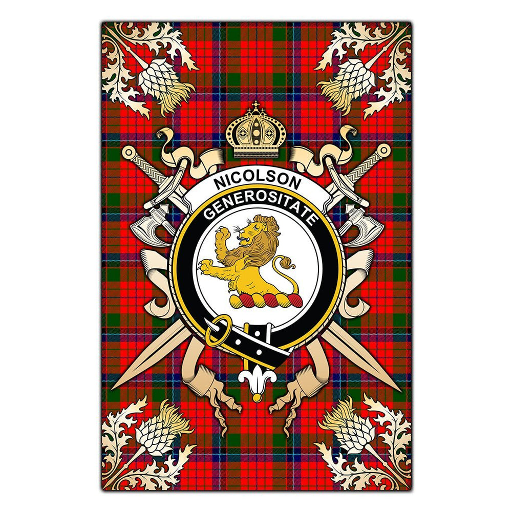Clan Nicolson Modern Tartan Crest Black Garden Flag  - Gold Thistle  EC89 Clan Nicolson Tartan Today   