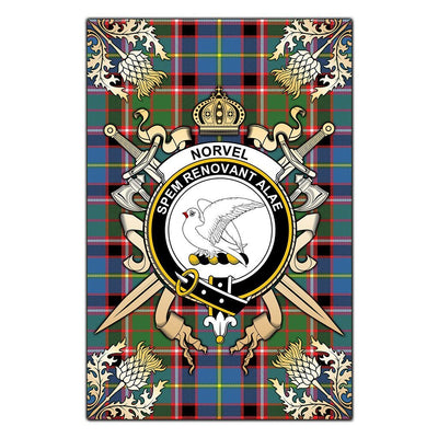 Clan Norvel Tartan Crest Black Garden Flag - Gold Thistle