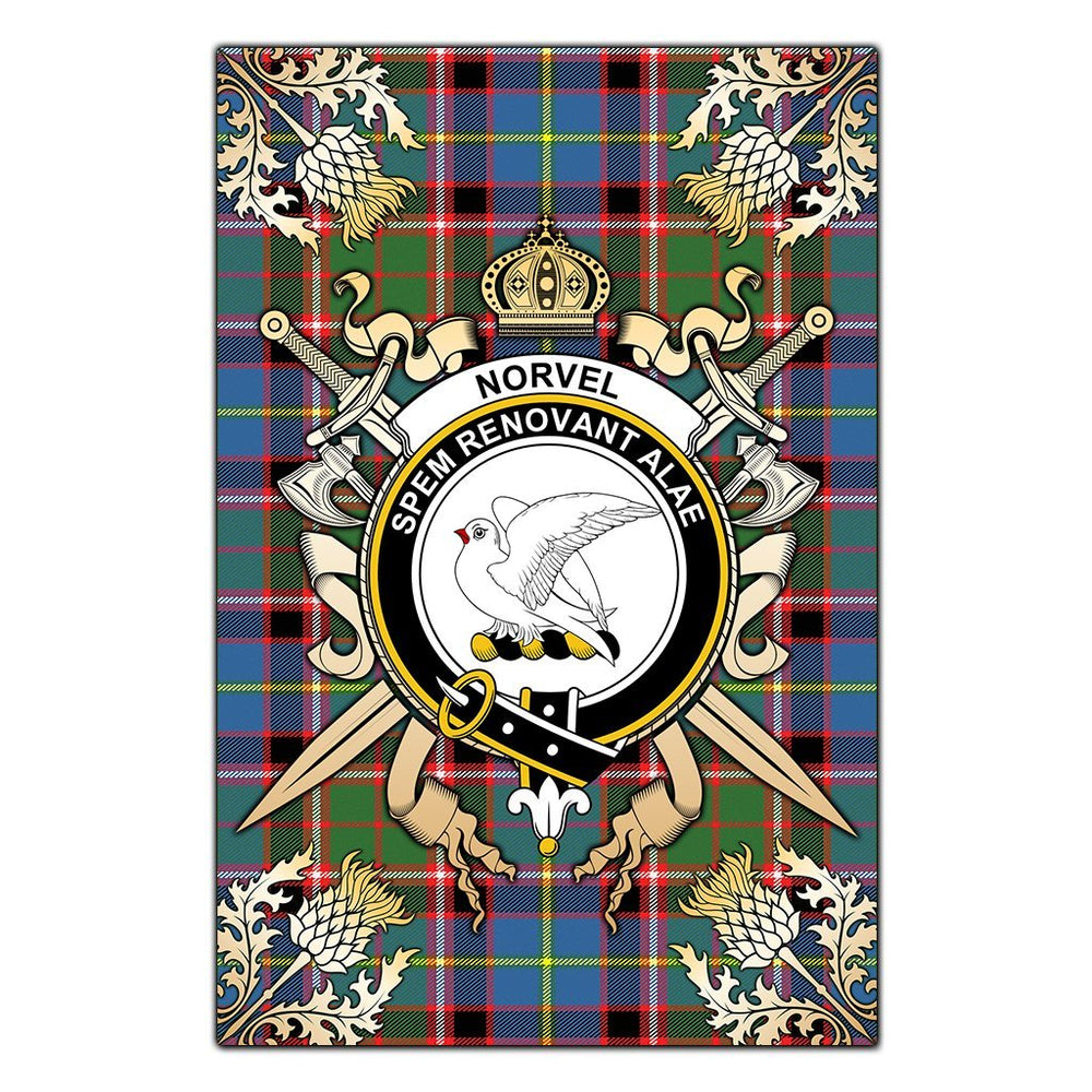 Clan Norvel Tartan Crest Black Garden Flag  - Gold Thistle  WW80 Clan Norvel Tartan Today   