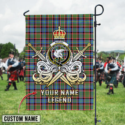 Custom Name Clan Norvel (Stirling) Tartan Garden Flag with Clan Crest and the Golden Sword of Courageous Legacy